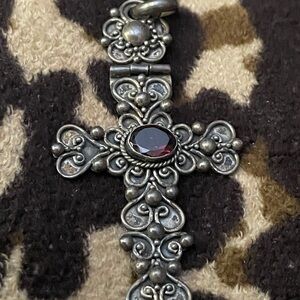 Elegant Silver Cross Necklace with Red Gemstone Vintage